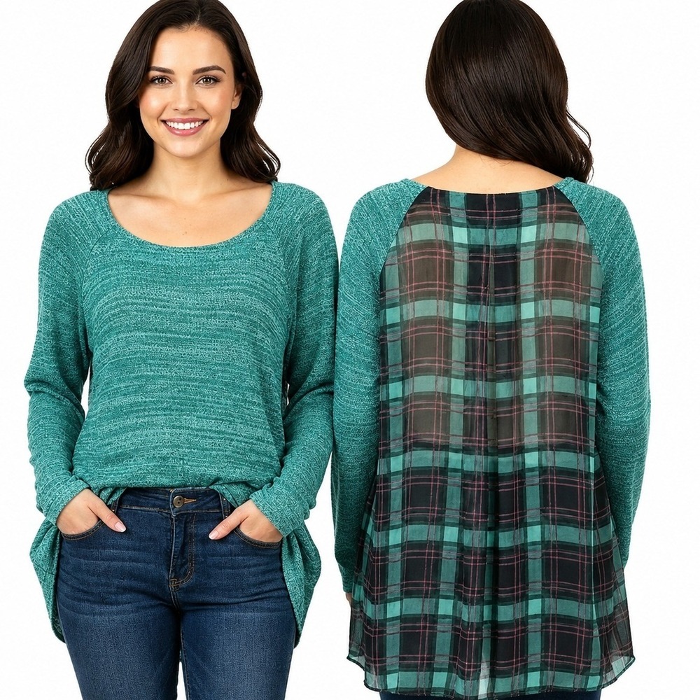 B.L.E.U. Mixed Media Top Large Teal Knit Plaid Chiffon Back Hi Lo Sequin Blouse